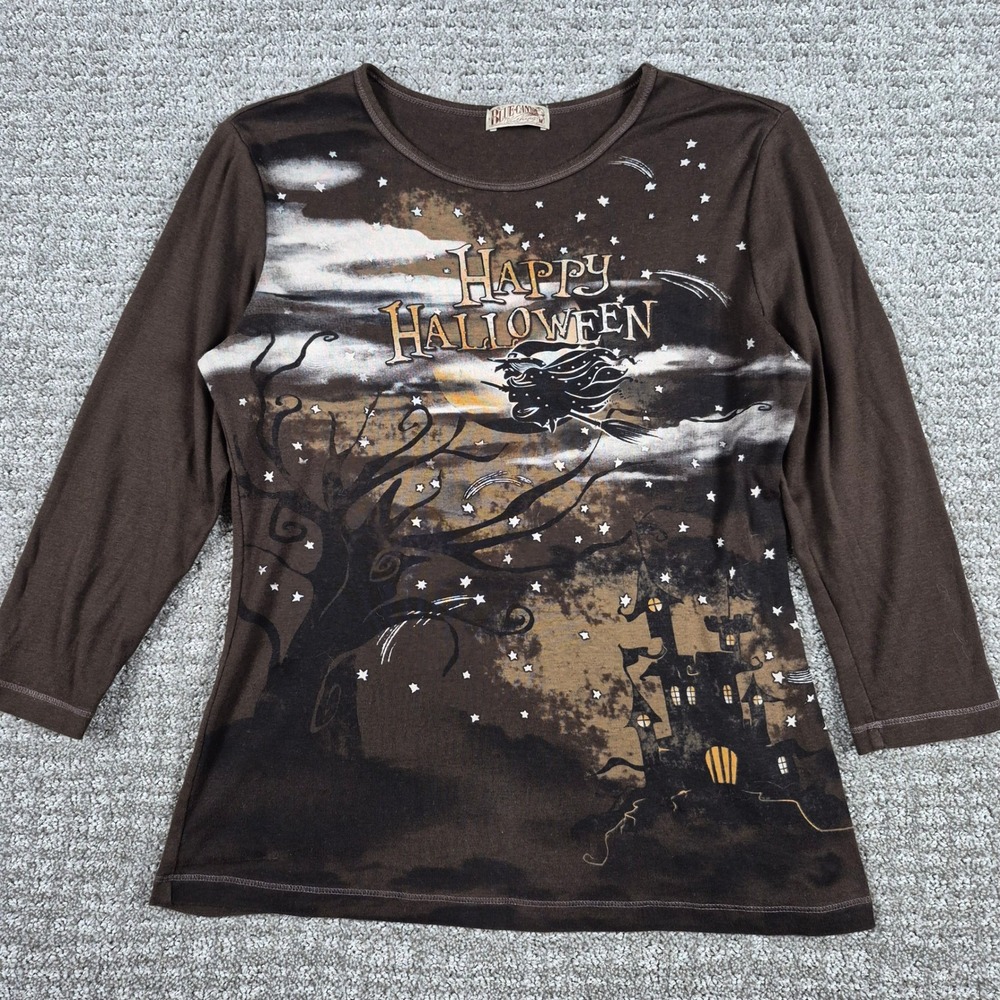 Vintage Y2k Blue Canyon Shirt Womens M Brown Halloween Witch Graphic Print Indie